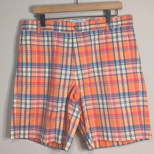 Southern Tide Plaid Flat Front Twill Shorts With Stretch Size 35 Pink Blue EUC